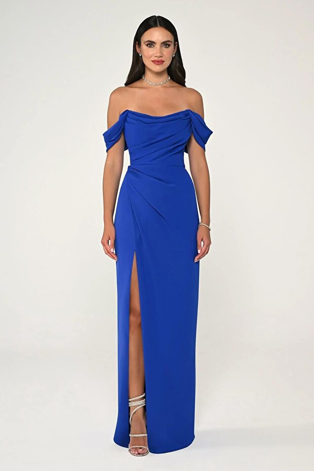 Long Crepe Evening Dress - Off-Shoulder and Side Slit Detail