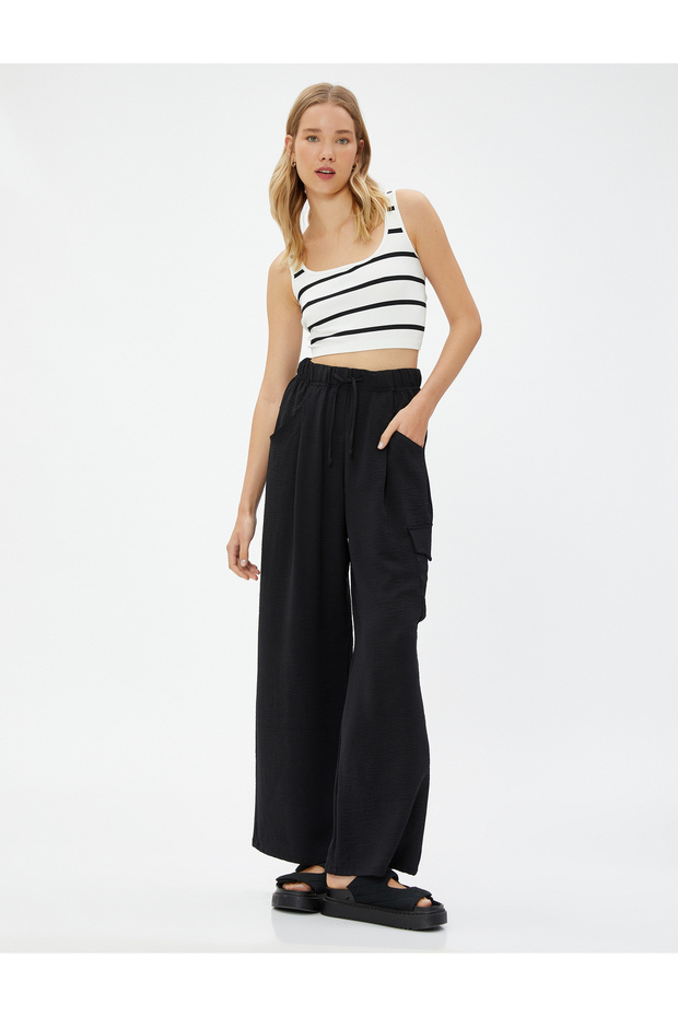 Cargo Pants Elastic Waist Wide Leg Pocket Textured