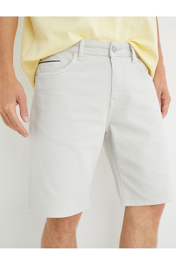 Gabardin Bermuda Şort Cep Detaylı Düğmeli Pamuklu - 5