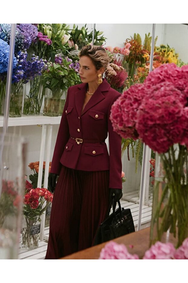 Women's Stylish Skirted Jacket Belted Suit