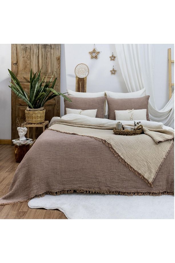 Hb&victory Müslin Tek Kişilik 4 Katlı Kahve Renk Yatak Örtüsü 160x230 Cm. - 1