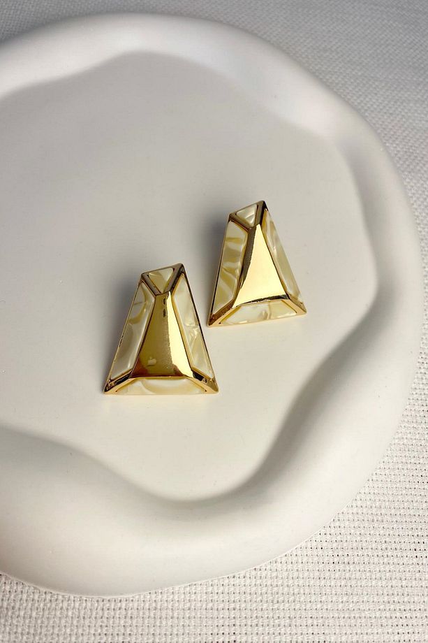 Kadın Küpe İthal Zirkon Çift Renk Gold Detay Üçgen Kararmaz Küpe - 1