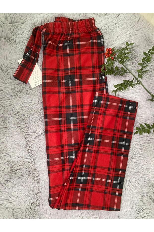 Ekoseli Kırmızı Süet Tek Alt Pijama - 3
