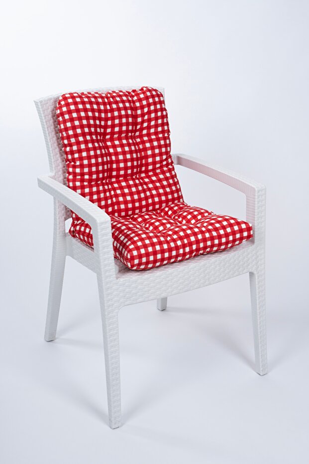 Neva Gingham Puffy Red Back Chair Cushion with Special Stitched Laces, 44X94 cm