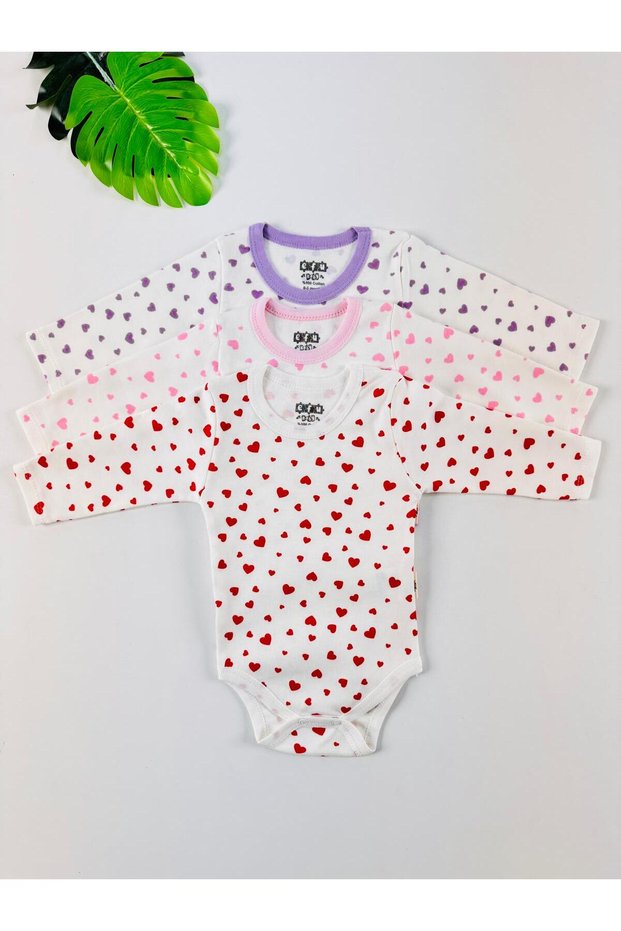 3-Piece 100% Cotton Heart Patterned Long Sleeve Baby Girl Bodysuit