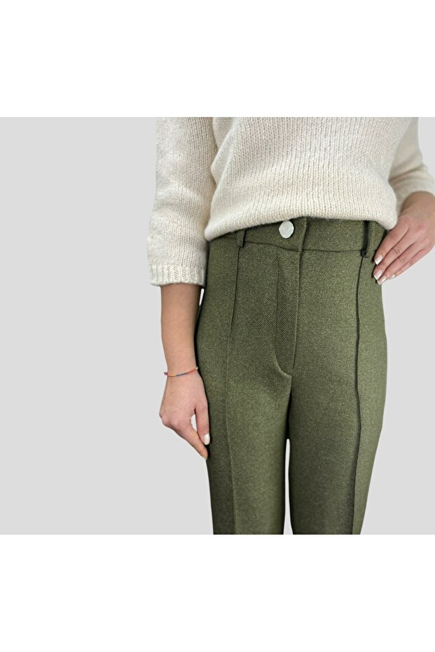 Khaki Green High Waist Front Ribbed Thick Fabric Pipe Leg Pants