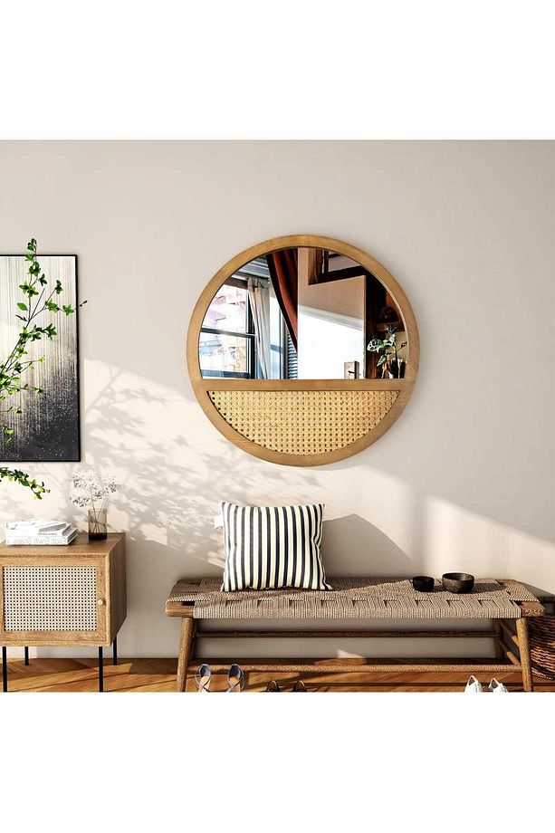 Ahşap Rattan Hazeran Duvar Aynası 60 Cm Çap - 4