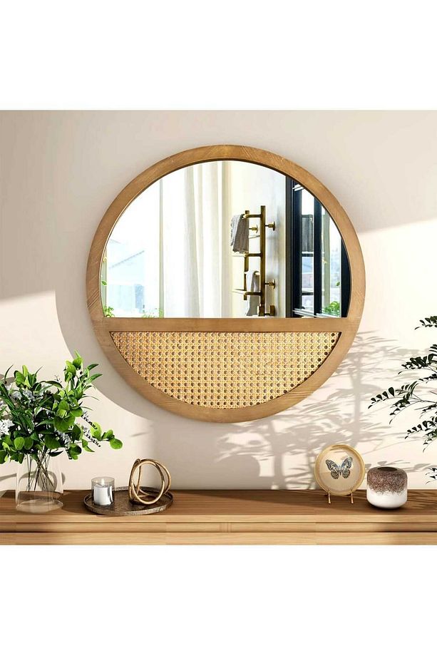 Ahşap Rattan Hazeran Duvar Aynası 60 Cm Çap - 3