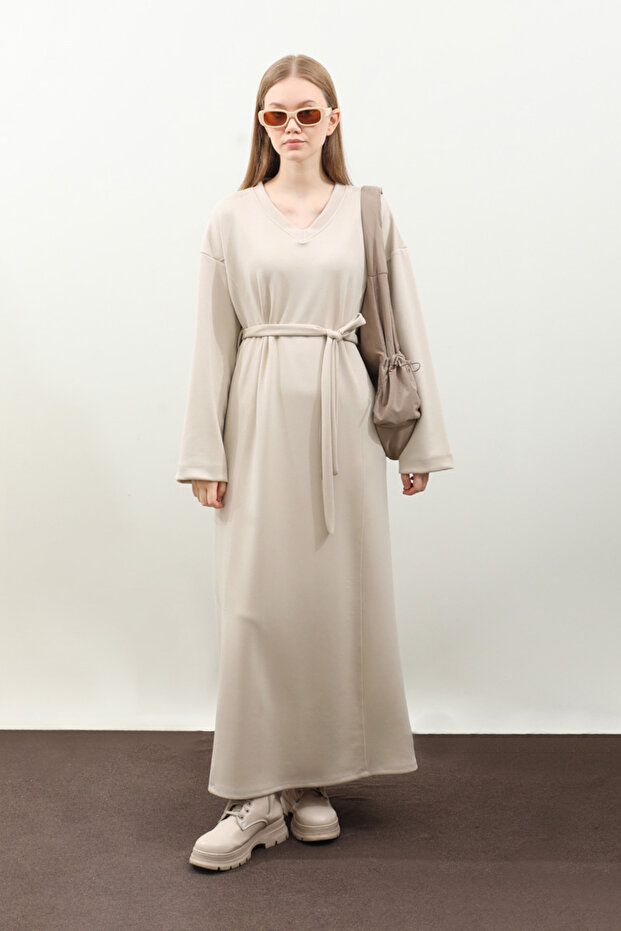 V Yaka Sweat Elbise Krem - 1