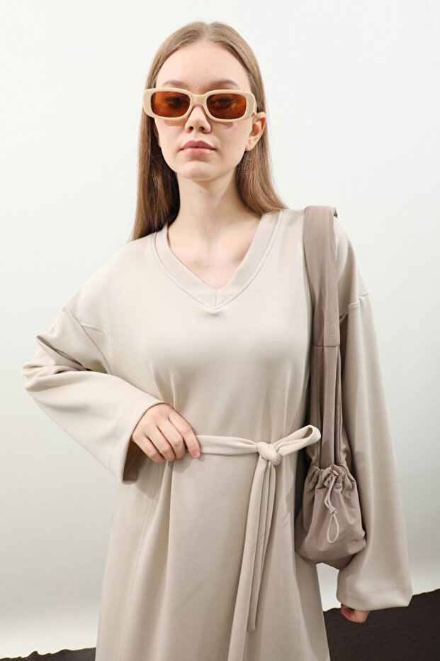 V Yaka Sweat Elbise Krem - 8