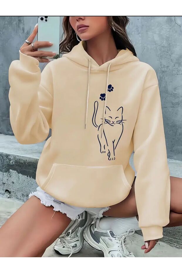 Cat Printed Hooded Pocket 2 Thread Raster Full Fit Sweatshirt