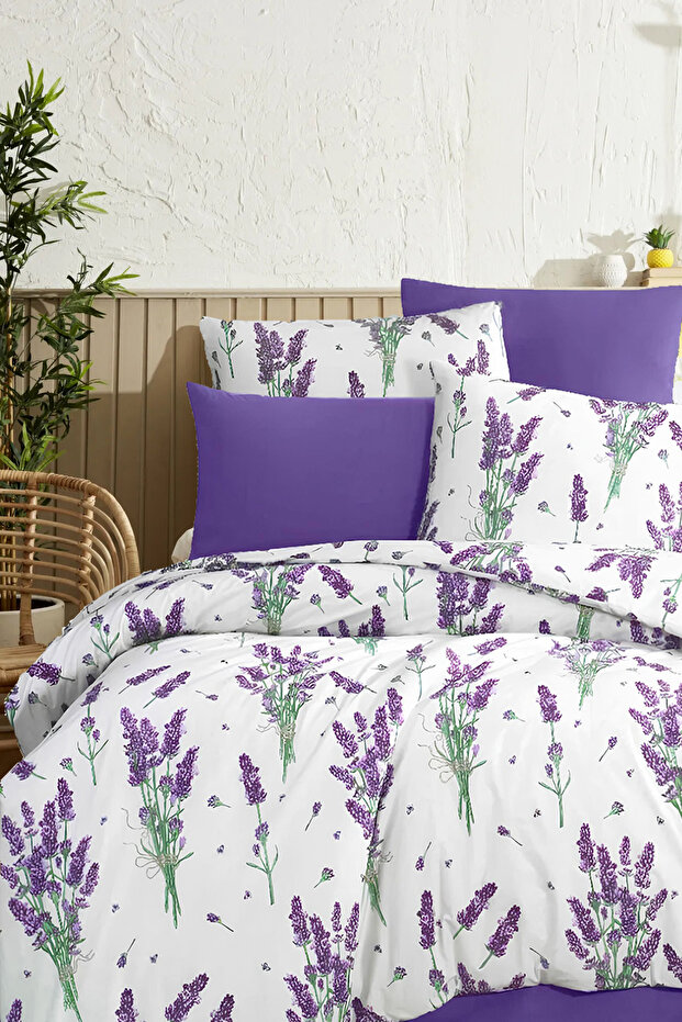 Single Duvet Cover Set with Elastic Sheets, Reversible Lavender