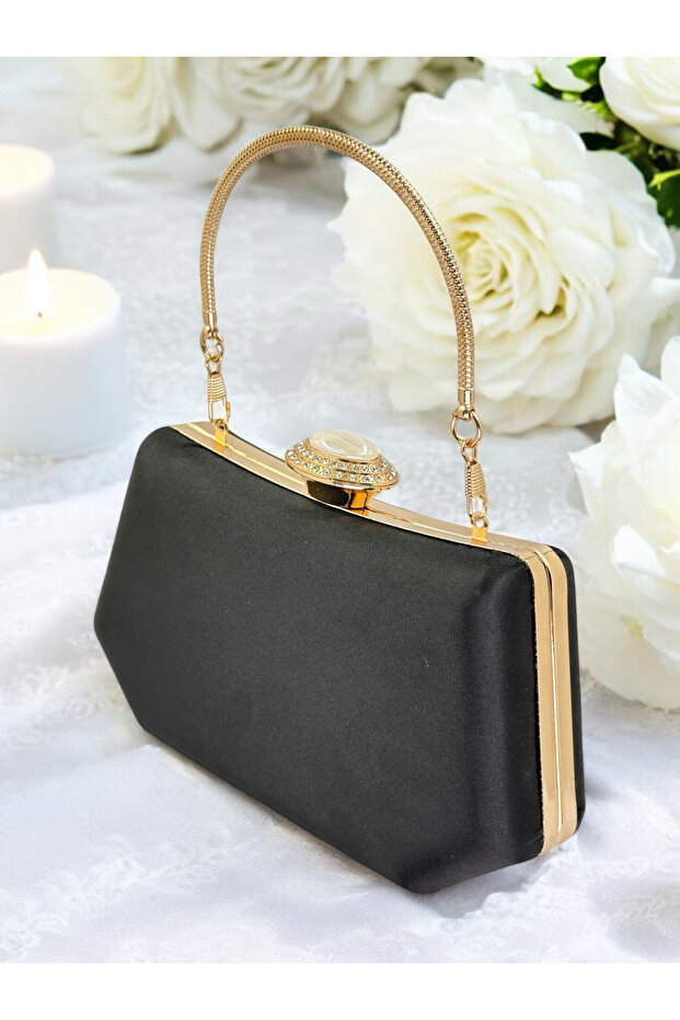 Elegant Design Metal Handle Evening Bag with Black Color Gold Crystal Stones