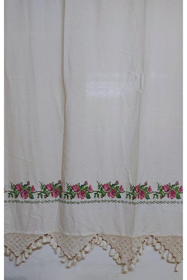 Washed Natural Straight Bodrum Linen with Wooden Work Red Canavch