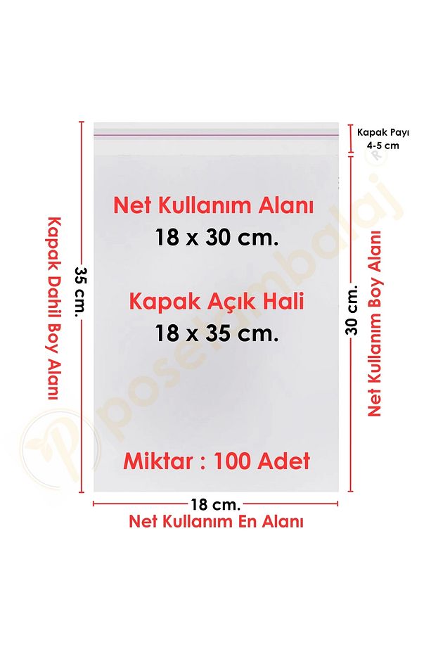 18x30 5 Cm.(18X35) 100 Adet Şeffaf Bantlı Yapışkanlı Jelatin Poşet - 1