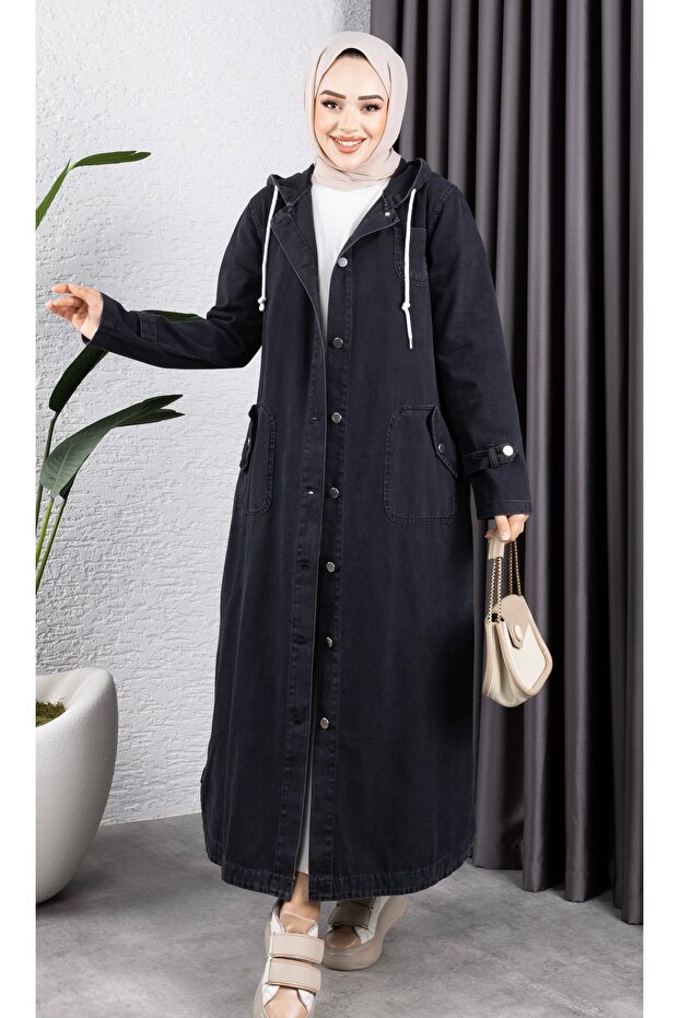 Women's Pocket Buttoned Hooded Denim Jeans Trench Coat