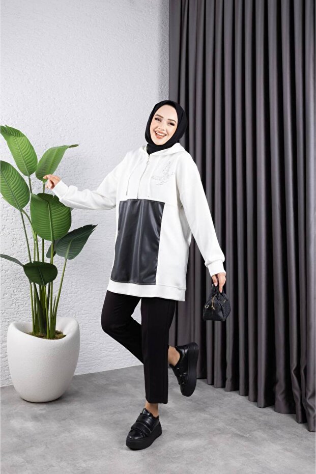 Hooded Zippered Stone Detailed Tunic