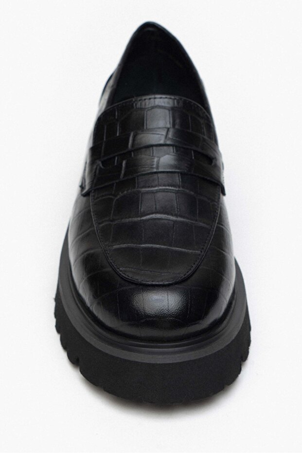 Queena fekete mintás valódi bőr vastag talpú női cipő - 7