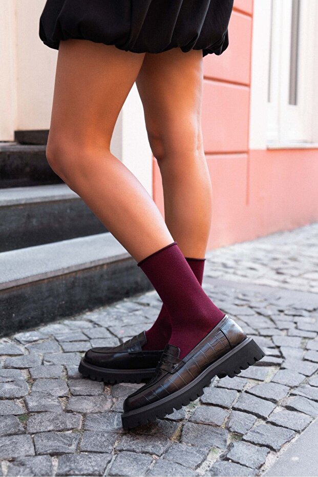 Queena fekete mintás valódi bőr vastag talpú női cipő - 6