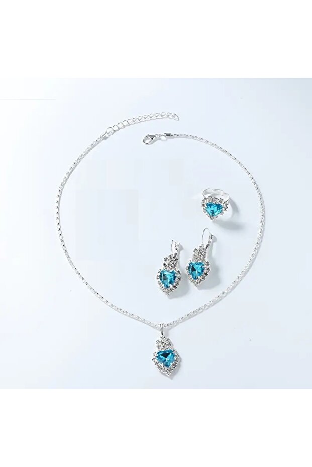 Kadın Elegant Yuvarlak Quvars Saat Analog  ve Kolye+Küpe+Yüzük Takı Seti, 5 adet/takım - 3