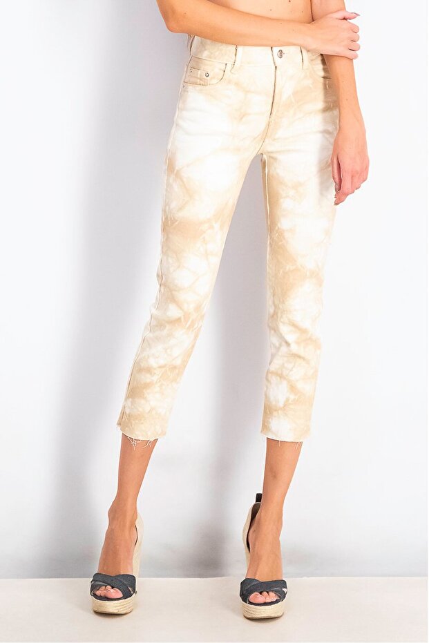 Women Mom Fit Tie,Dye Stretchable Denim, Beige
