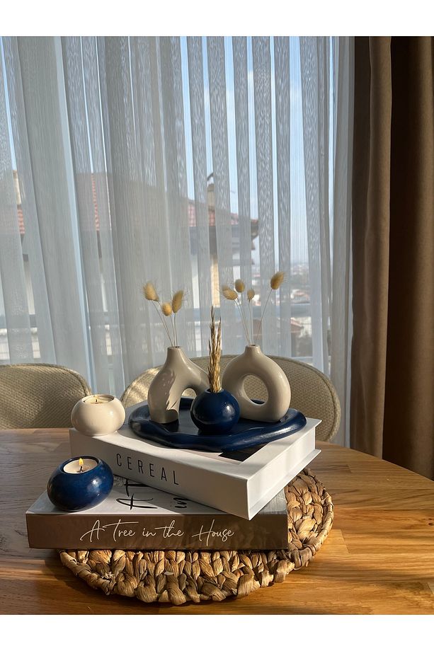 Lacivert Minimal Vazo, Seti Tealight Mumluklu 6 Parça Set - 4