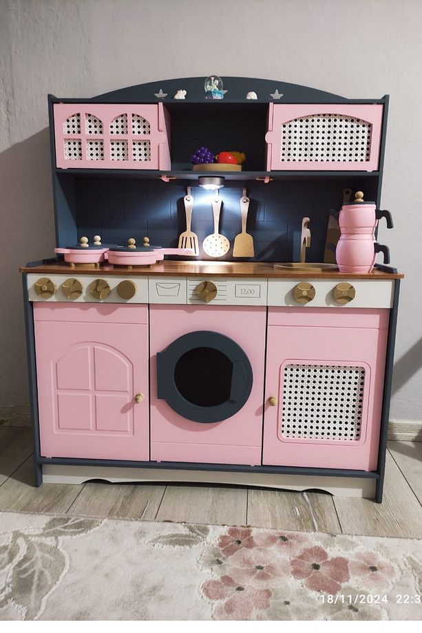 Pembe Gri Oyuncak Mutfak Çaydanlık Seti ve 1 Led Hediyeli - 6