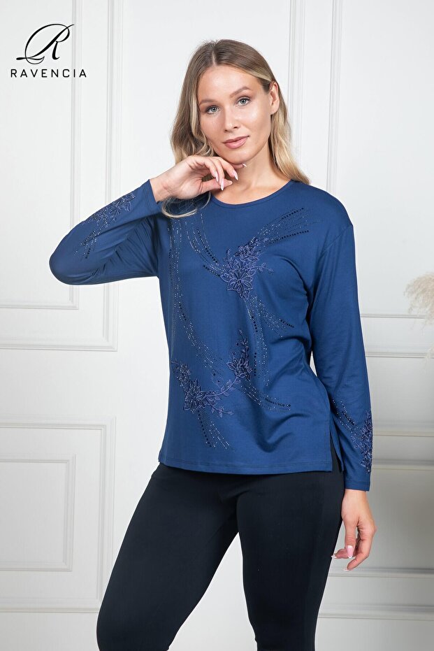 Women's Indigo Coated Floral Patterned Stoned Slit Lycra Mother Combed Cotton Blouse