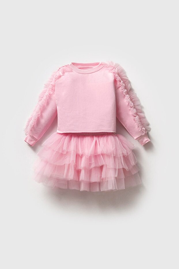 Pink Cotton Ruffled Sweatshirt Tulle Skirt Bottom-Top Set Girls