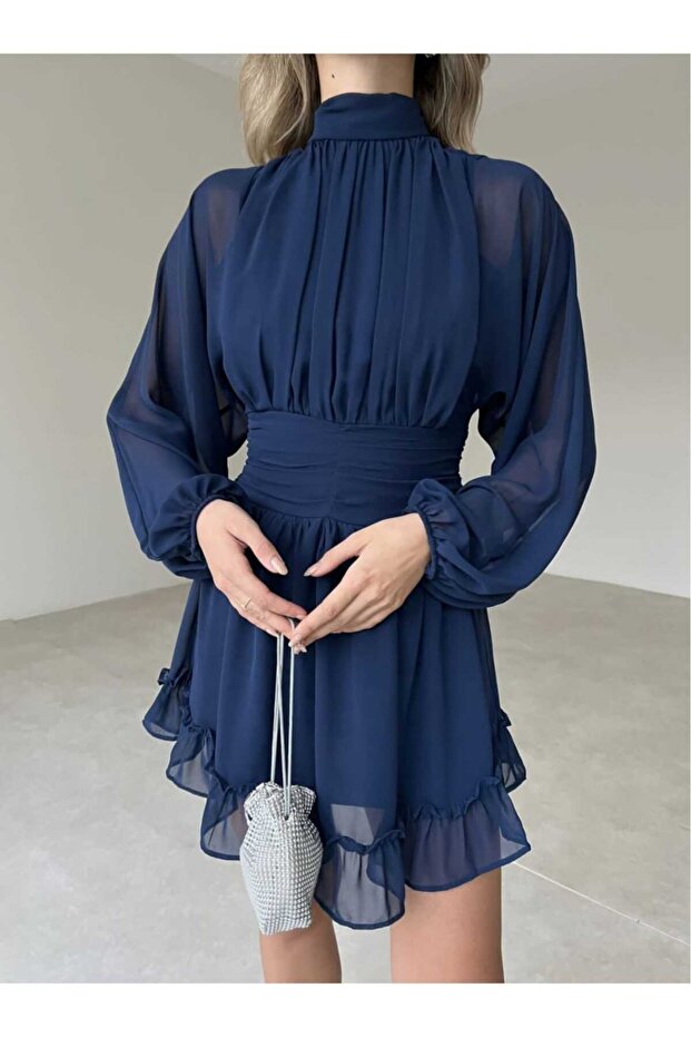High Collar Chiffon Navy Blue Dress