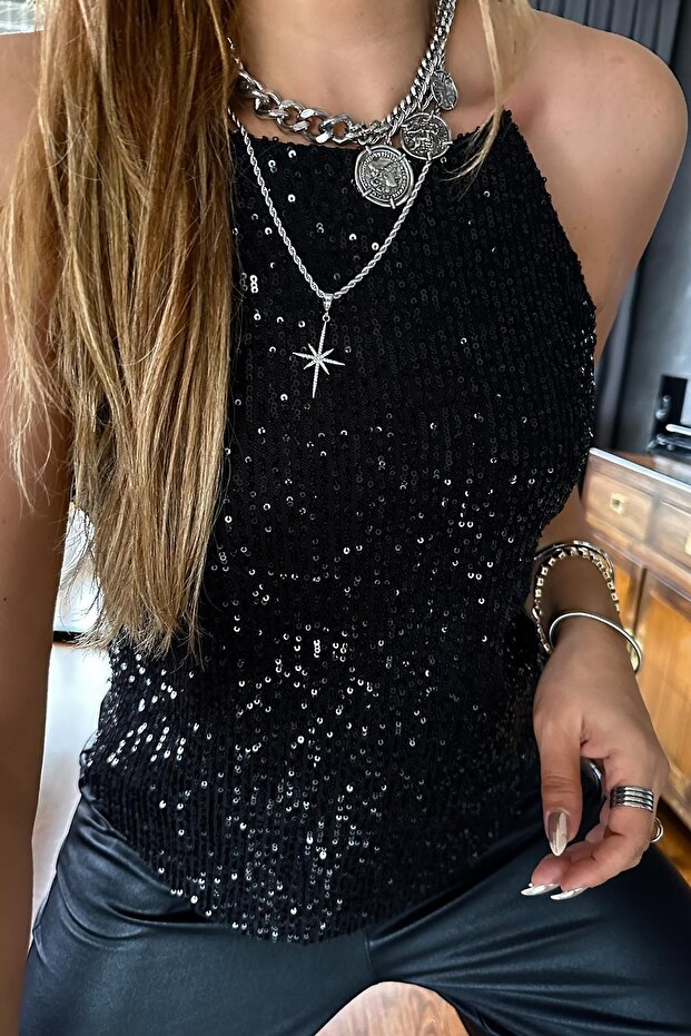 Payetli Reglan Yaka Bluz Siyah - 6