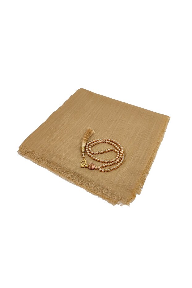 Mevlit Hediyesi Flamlı Yazma Set Hediyelik Eşarp 100x100cm Dağıtmalık-İnci 99 Tesbih Hediyeli-GOLD - 2