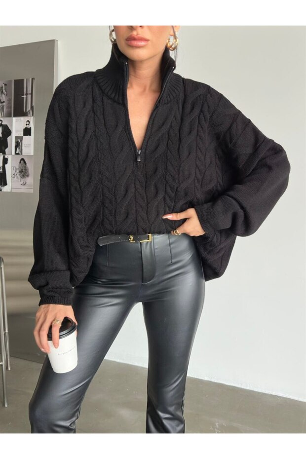 Pearl Wears Knit Pattern Half Zip Knitwear Sweater