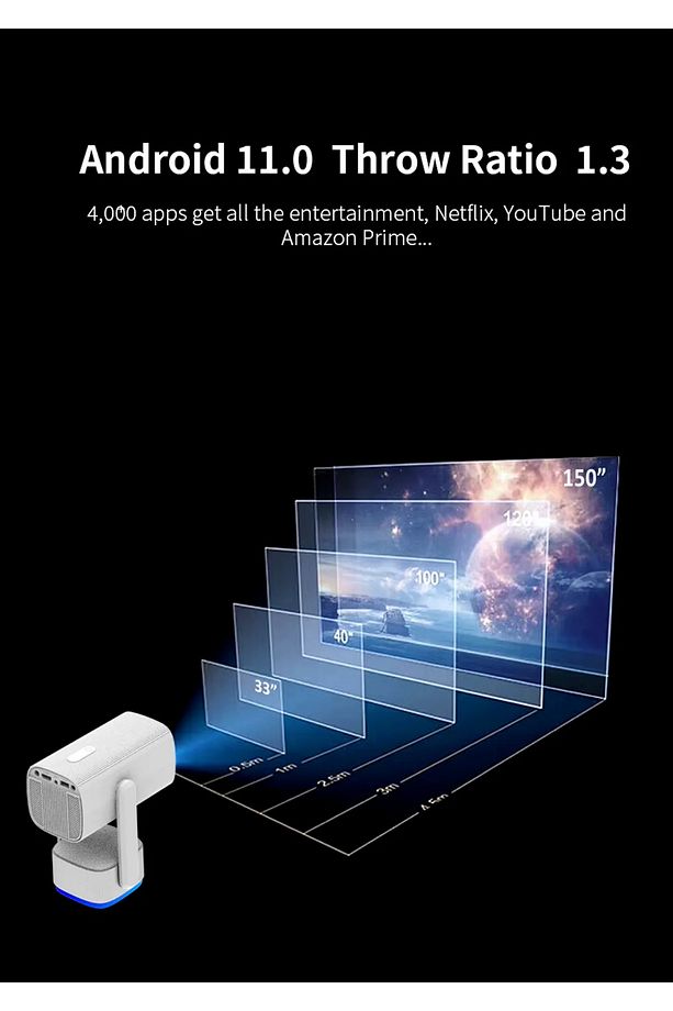 Android 11 Şarjlı Projeksiyon 1080p 200 AnsiLümen Akıllı Taşınabilir Projektör 4K Yüksek Kaliteli - 3