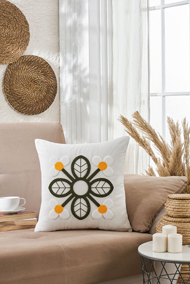Embroidered Mix Cotton Single Throw Pillow (43 X 43 cm)
