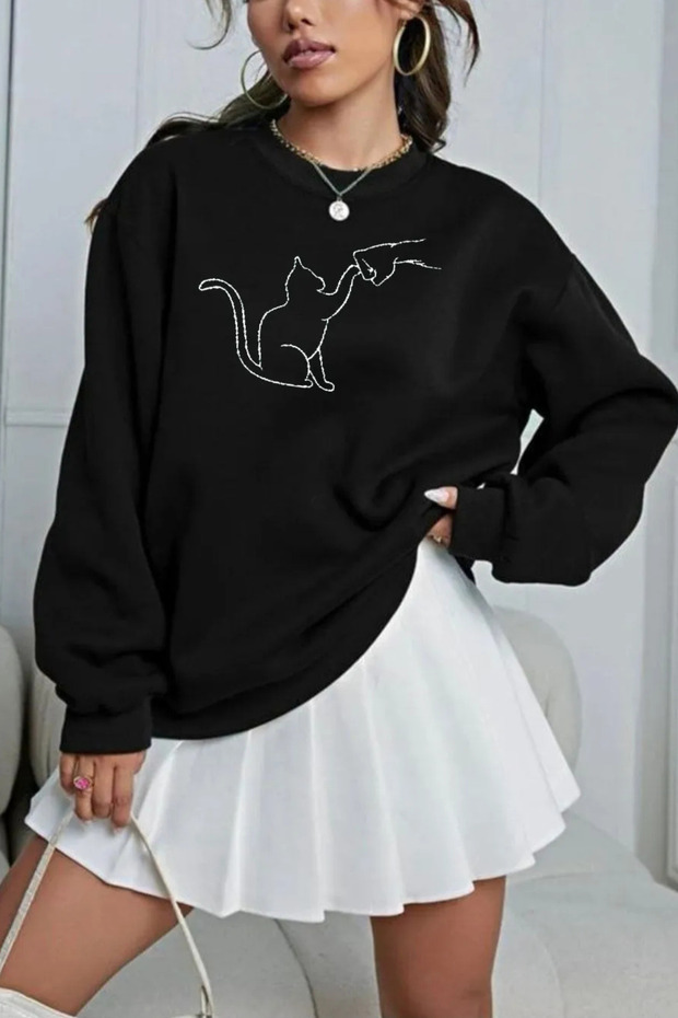 Cotton Cat Friendly Printed Crew Neck Unisex Oversize Sweatshirt