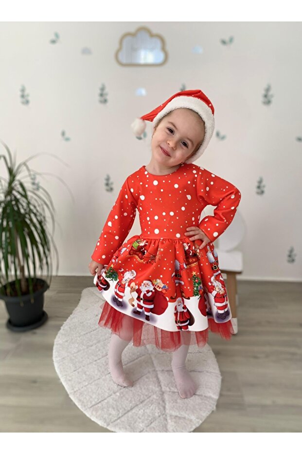 Yılbaşı baskılı kız çocuk elbise +şapka - 4