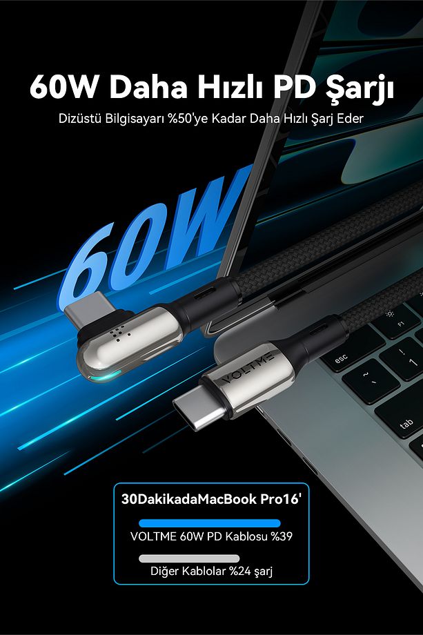 C2069 Stark 60W Type-C Uyumlu Şarj Kablosu 1.2M 3A-Siyah - 3