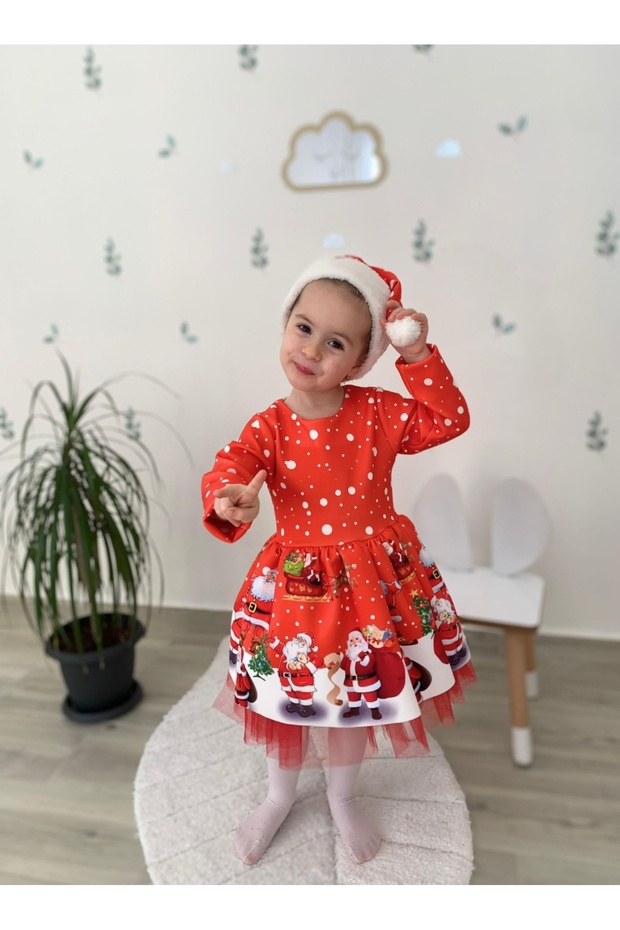 Yılbaşı baskılı kız çocuk elbise +şapka - 5