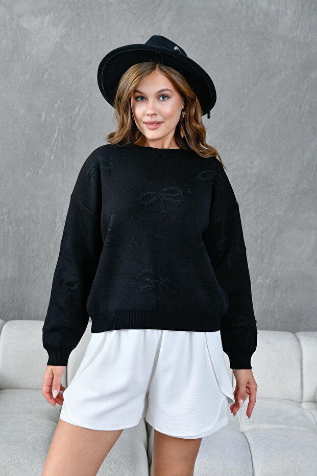 Women's Black Crew Neck Bow Patterned Knitwear Sweater