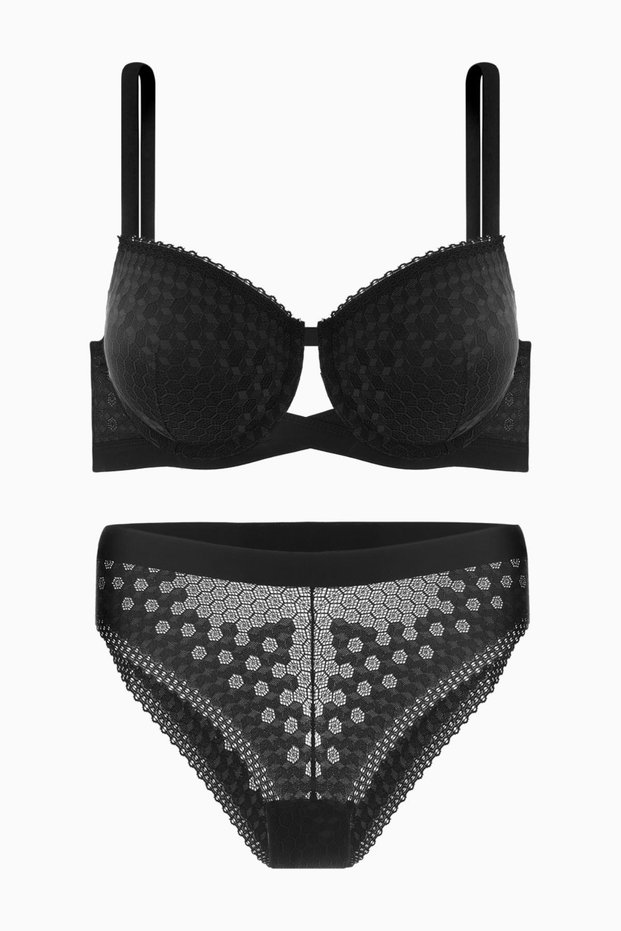 Crossed Strap Detail Lace Low-Cut Bra Set - Unpadded - Fashion - 2511 - Black