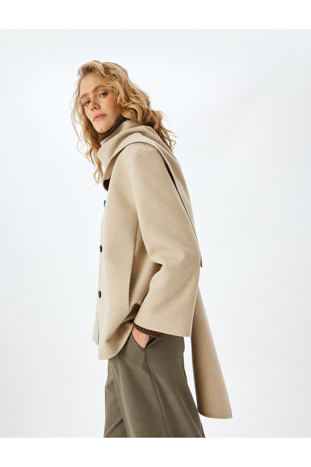 Buttoned Pocket Long Sleeve Scarf Short Cashmere Coat