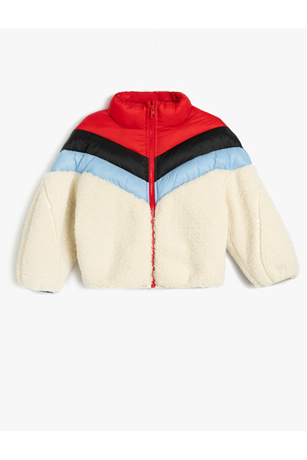 Plush Jacket with Zipper, Stand-Up Collar, Pockets and Fabric Detailing