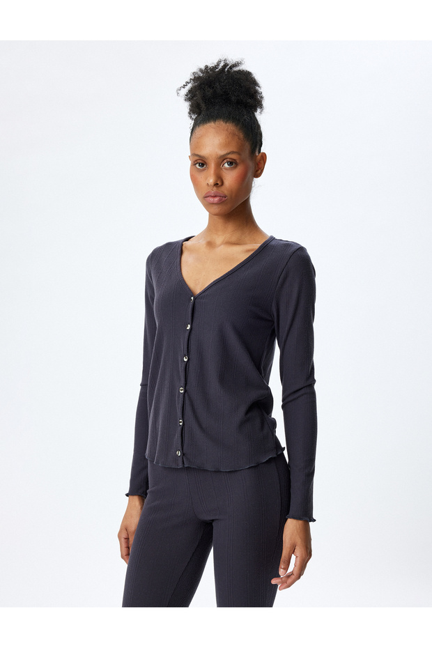 Button V-Neck Long Sleeve Sleepwear Top