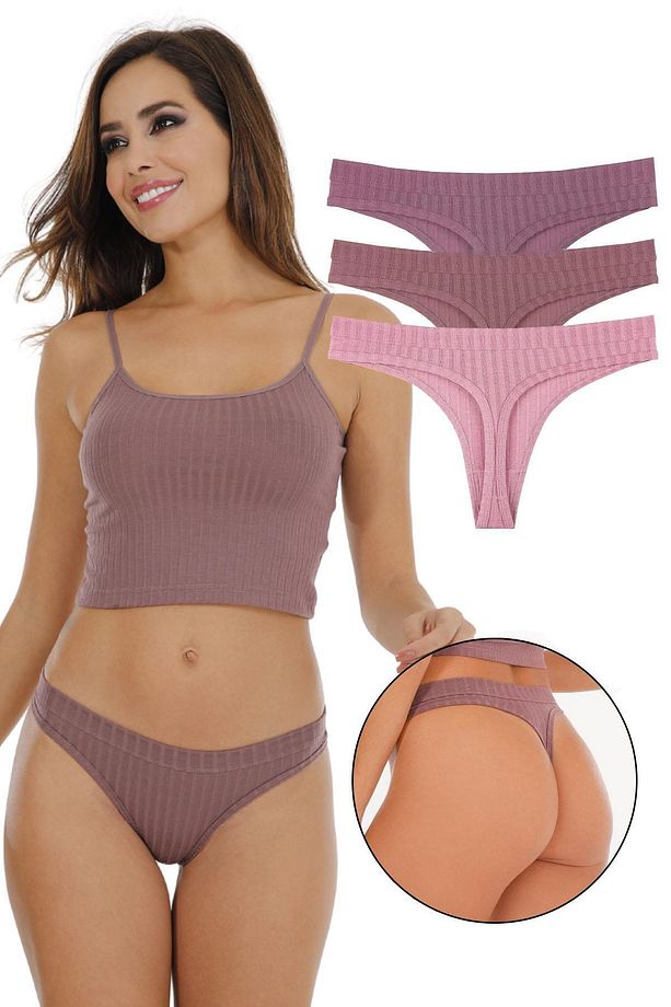Kadın Fitilli Soft Renkler 3 lüi Tanga Külot Set - KTS4052 - 1