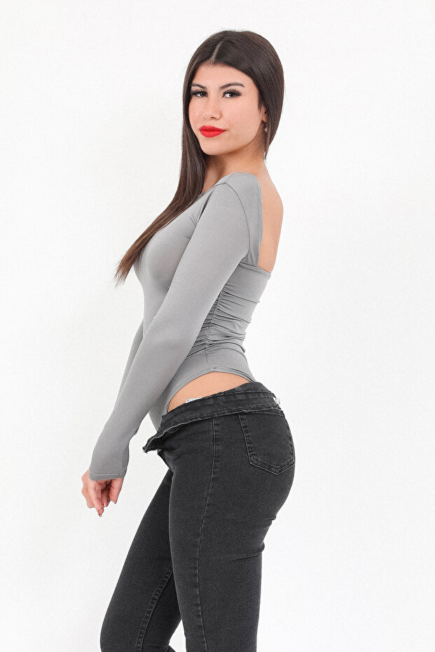 Women's Gray Low-Cut Long Sleeve Stretchy Bodysuit with Snap Fasteners - 2440