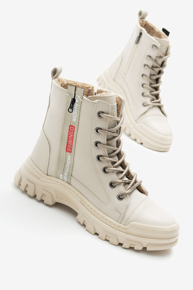Women's Beige Leather Thermo Sole Side Stripe Lettering Lace up and Zippered Boots