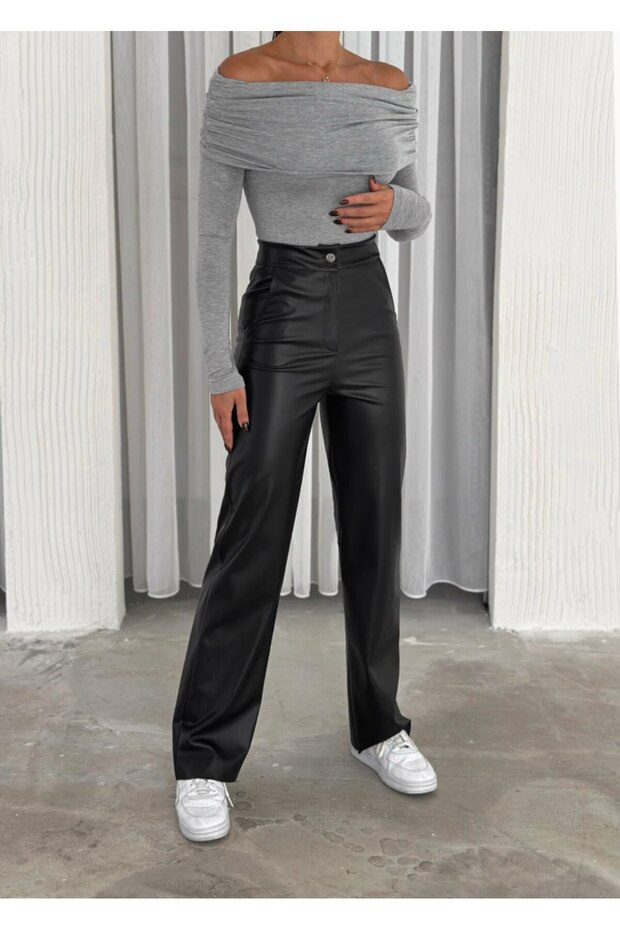 Women's Synthetic Leather Palazzo Pants with Wide Legs and Fleece Inside, Winter Trend Pants
