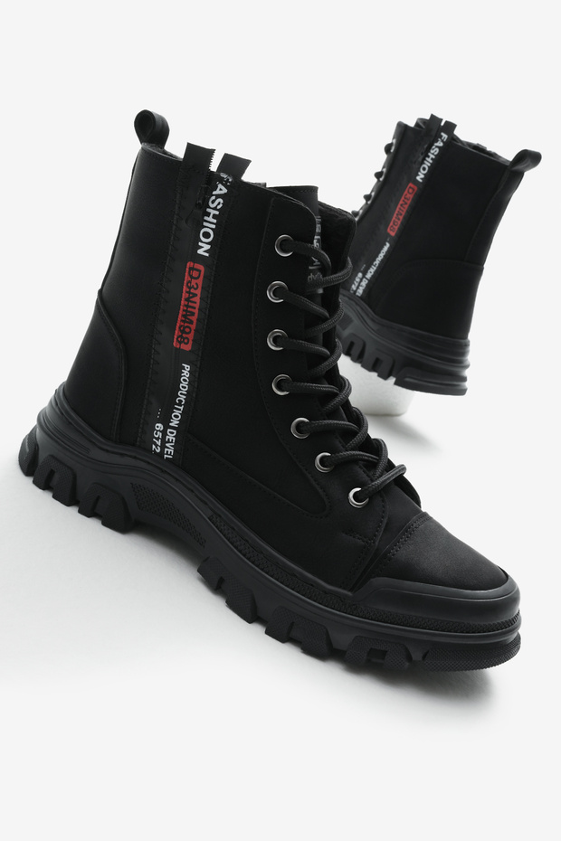 Women's Black Matte Thermo Sole Side Stripe Lettering Lace up and Zippered Boots