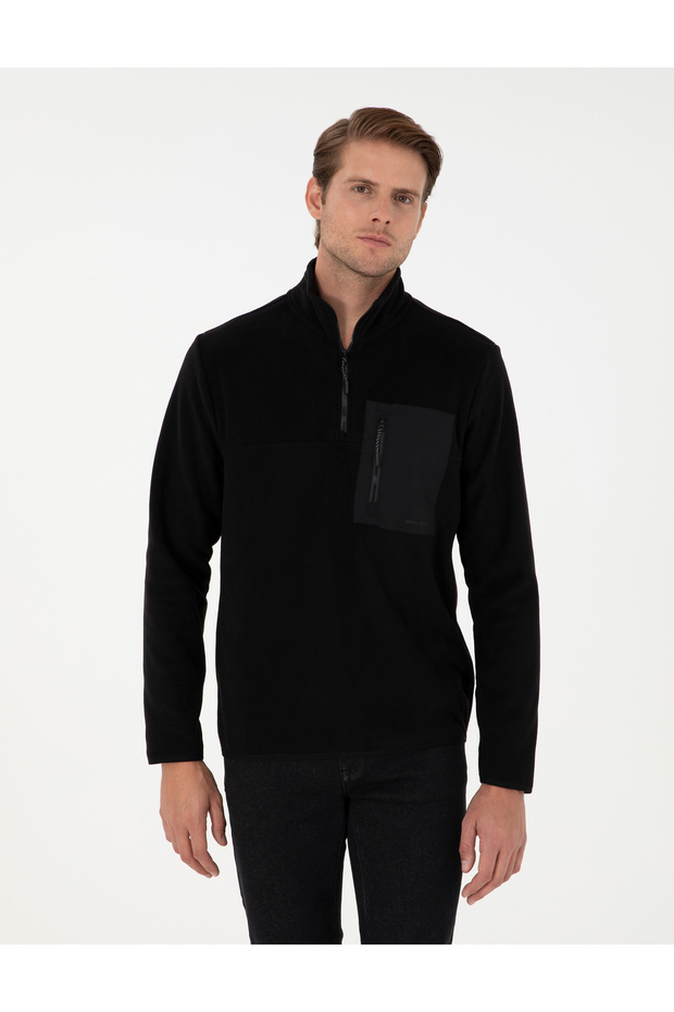 Black Regular Fit Half Zipper Fleece Sweatshirt 50298975-Vr046